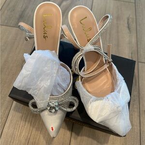 Lulus Lullie rhinestone bow white satin heels NWOT size 8.5